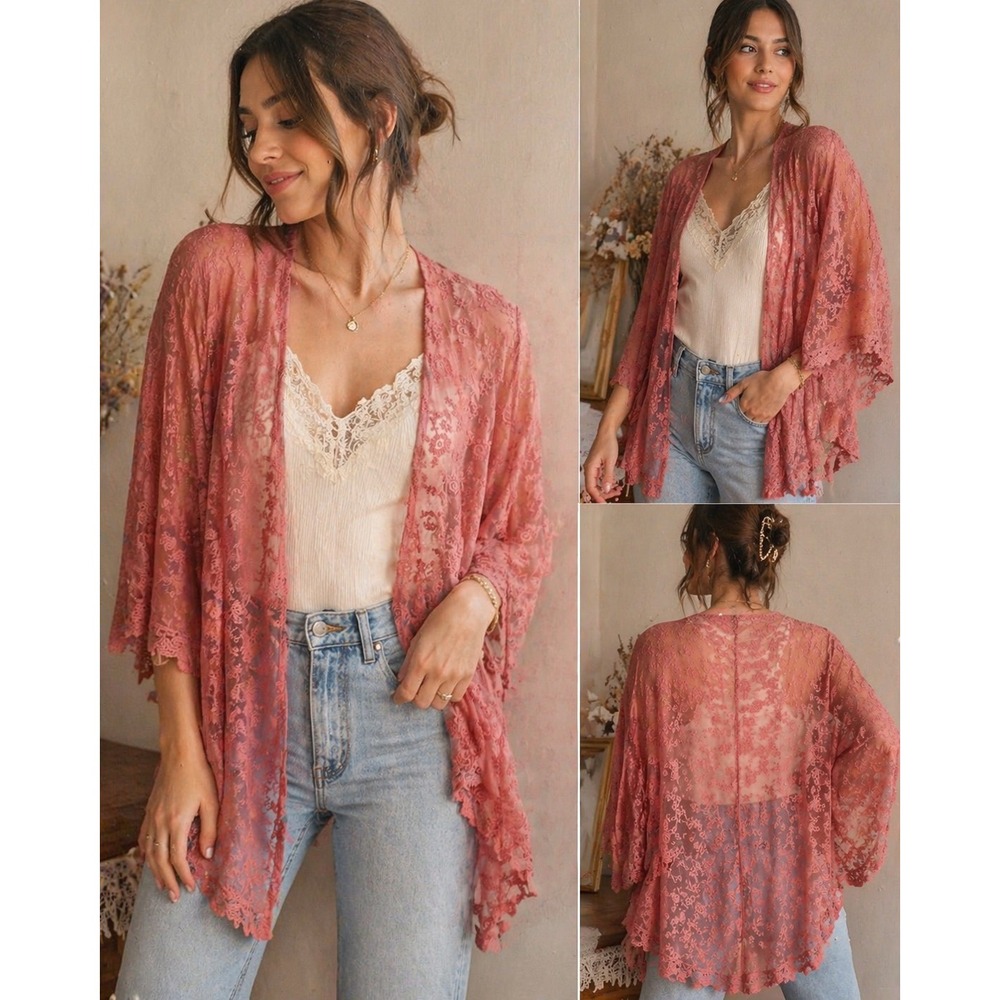 Dusty Rose Lace Open Kimono Sheer Floral Boho Festival Romantic Coquette Duster - Picture 2 of 7